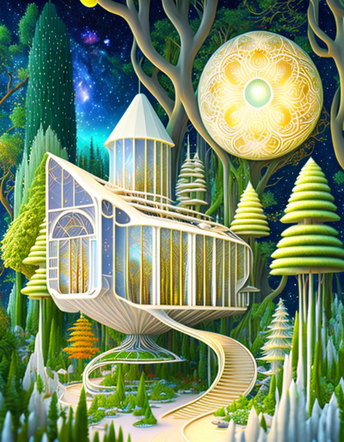 Fantasy illustration of whimsical treehouse in alien forest