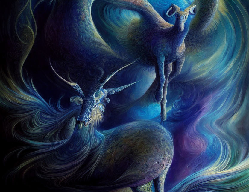 Abstract surreal painting of blue goat-like creature in vivid blues and purples