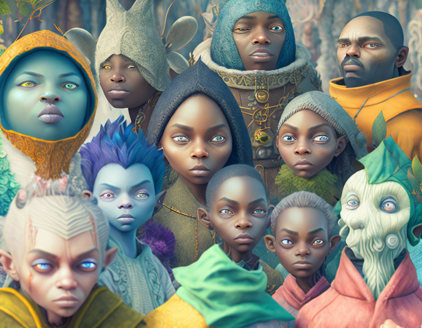 Nine unique stylized characters with varied outfits and features, including pointed ears and diverse skin tones.