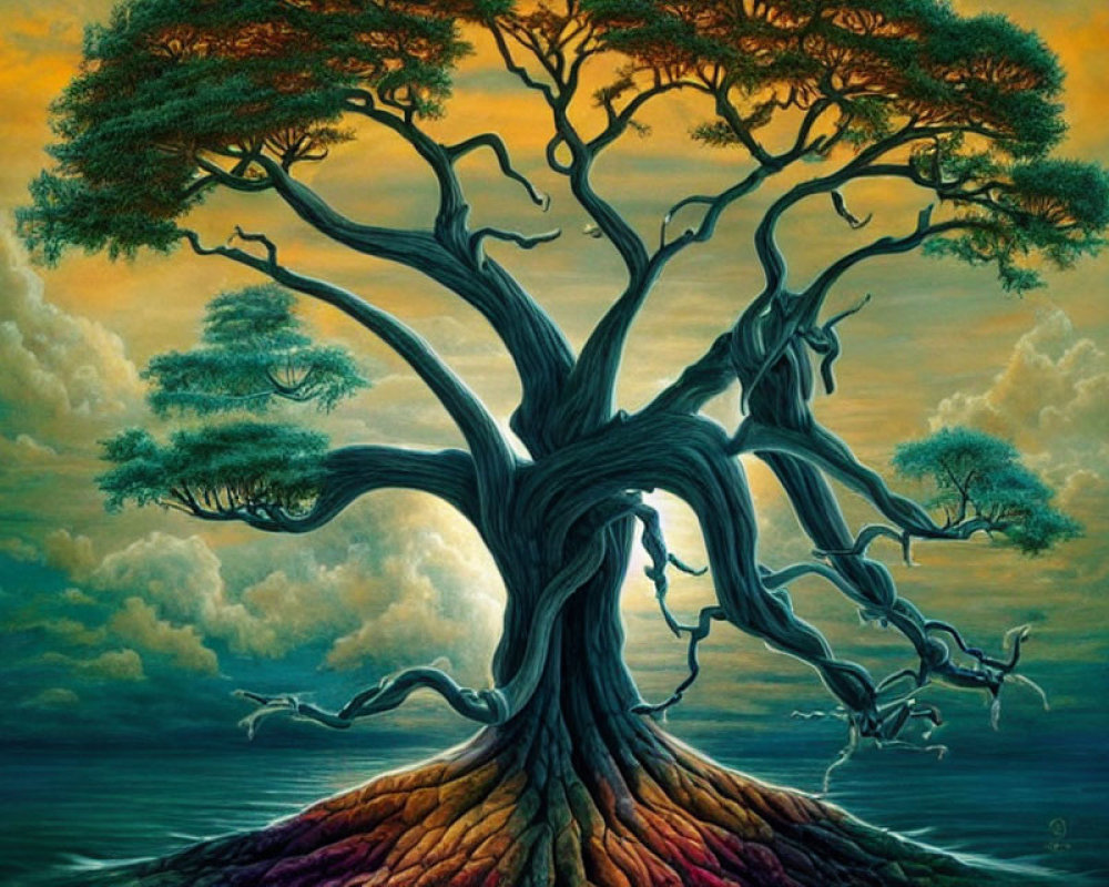 Colorful painting of majestic tree against dramatic sky
