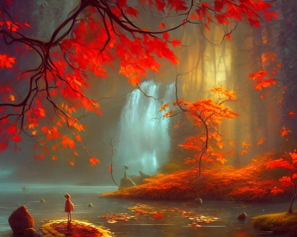 Person near mystical forest waterfall with red foliage & golden glow