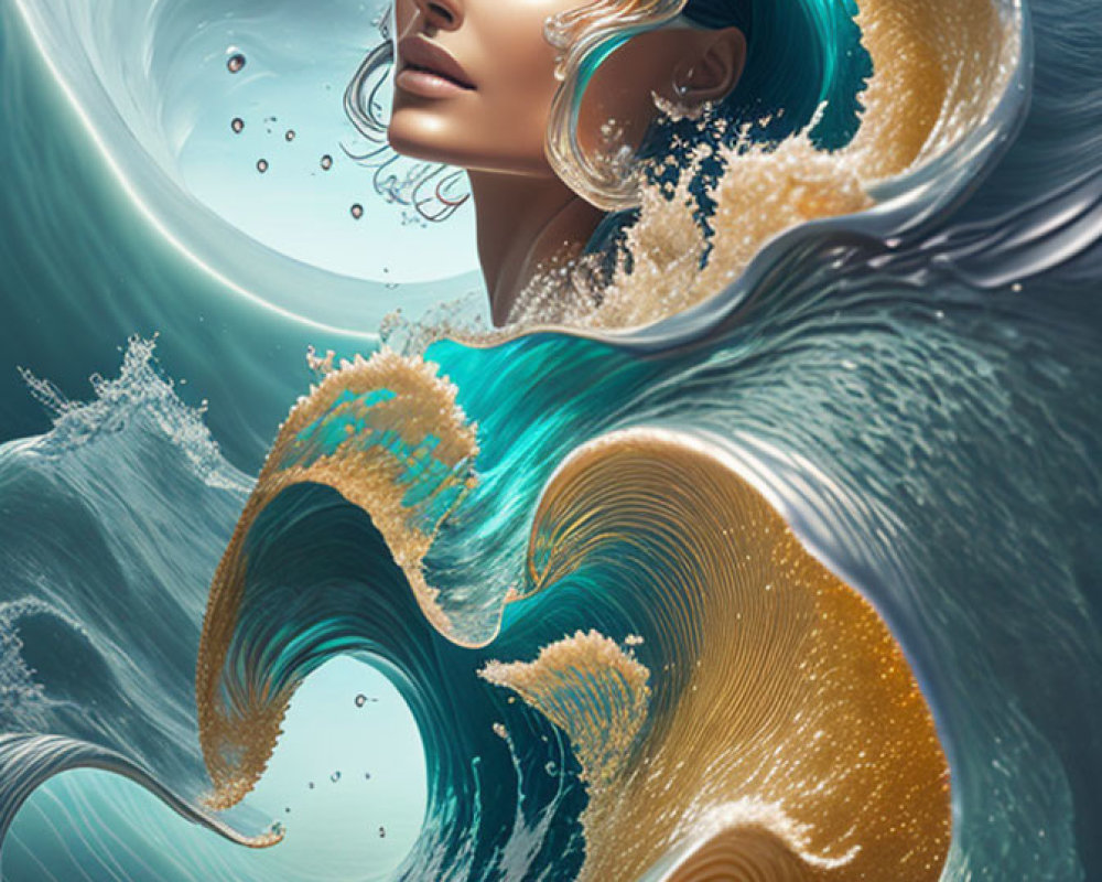 Surreal image: Woman's face merging with flowing wave-like hair in teal and gold palette