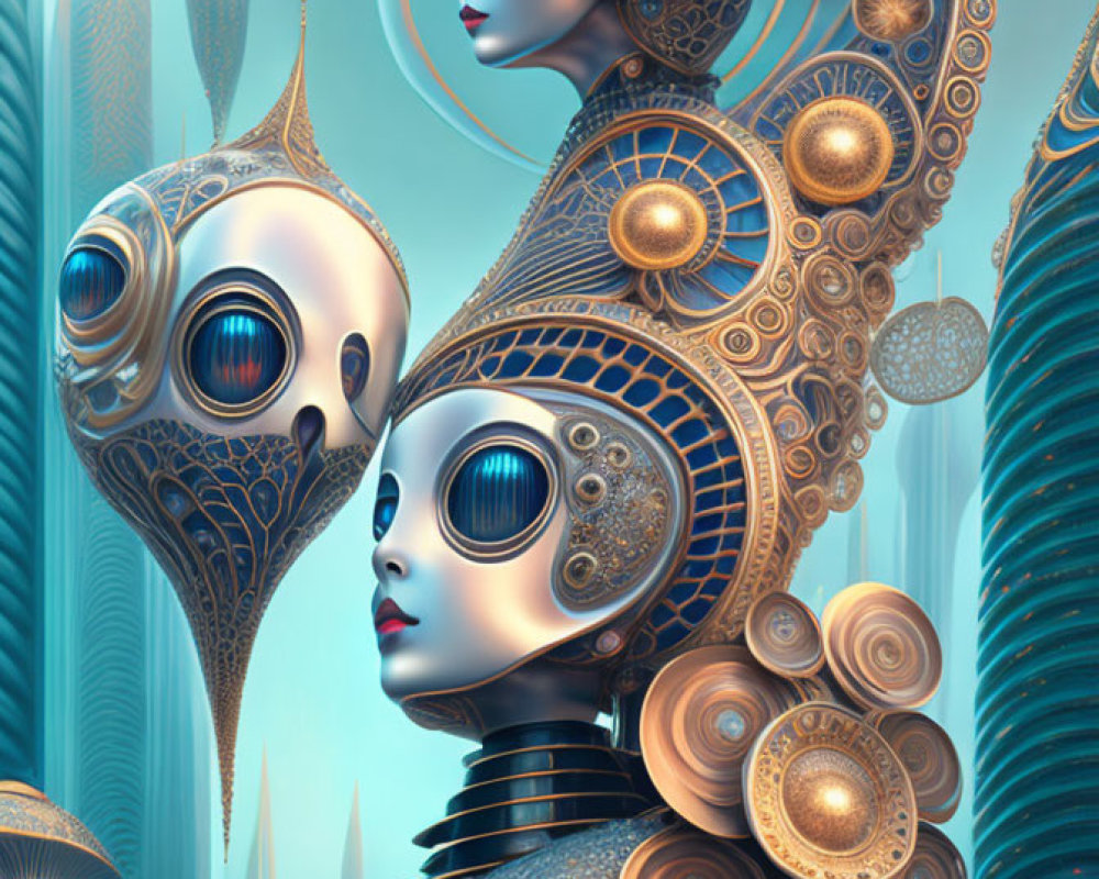Stylized robotic women with gold and blue headpieces in futuristic setting