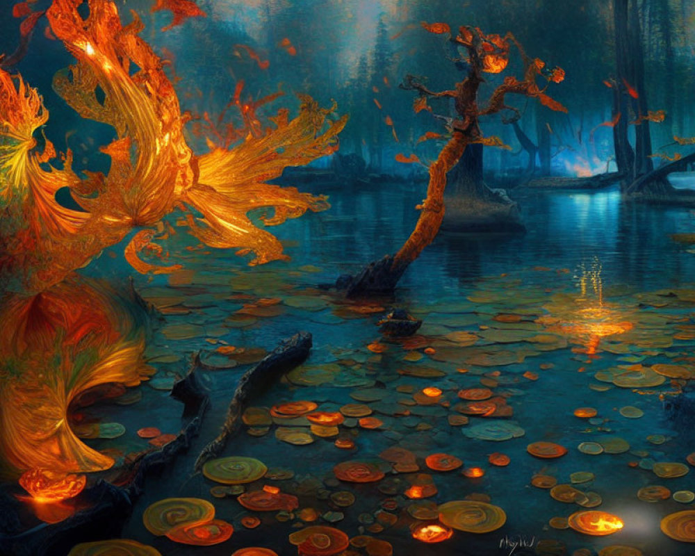 Mystical forest with fiery orange trees and reflective blue pond.