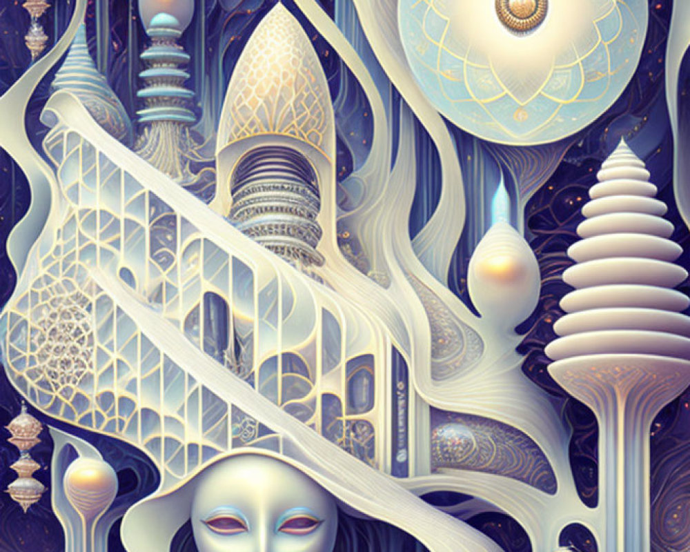 Ethereal face in surreal illustration with celestial motifs
