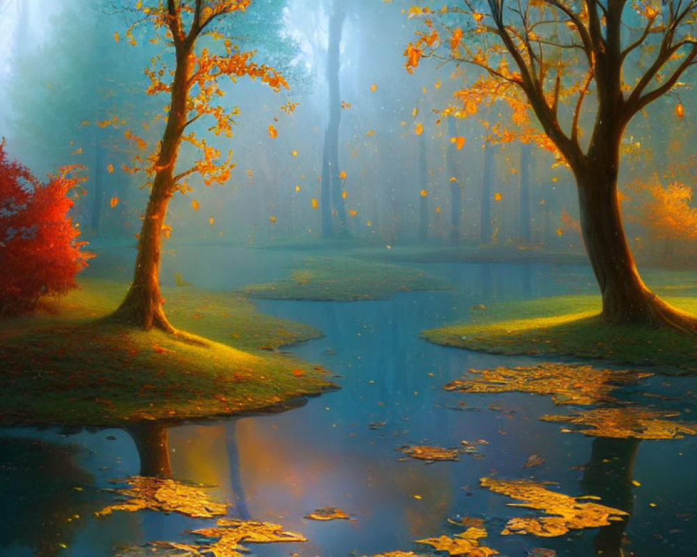 Tranquil autumn landscape with golden leaves, reflective water, and misty forest