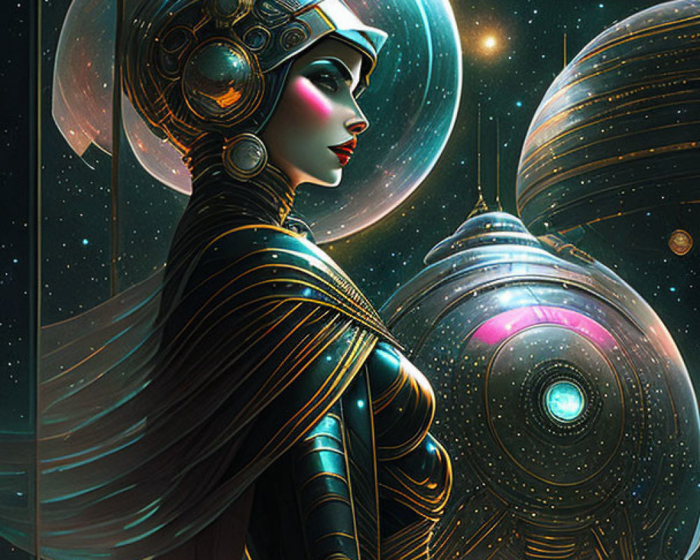 Futuristic female figure with elaborate headgear and celestial backdrop