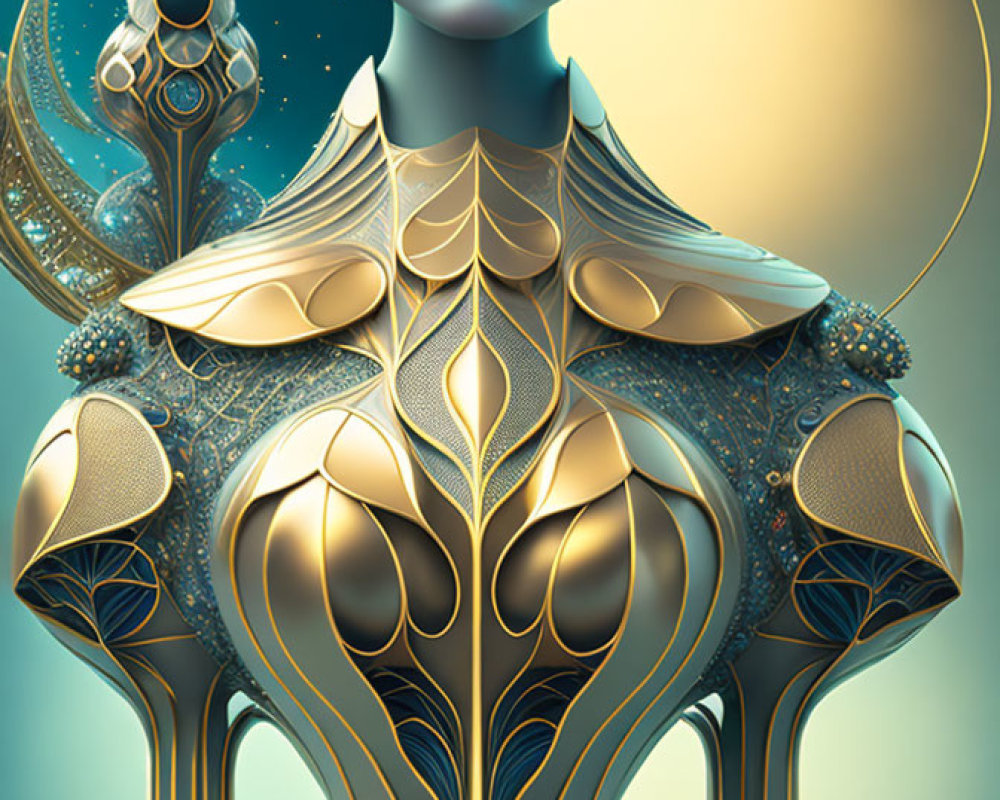 Digital artwork: Female figure in ornate golden armor and headdress, with serene blue face