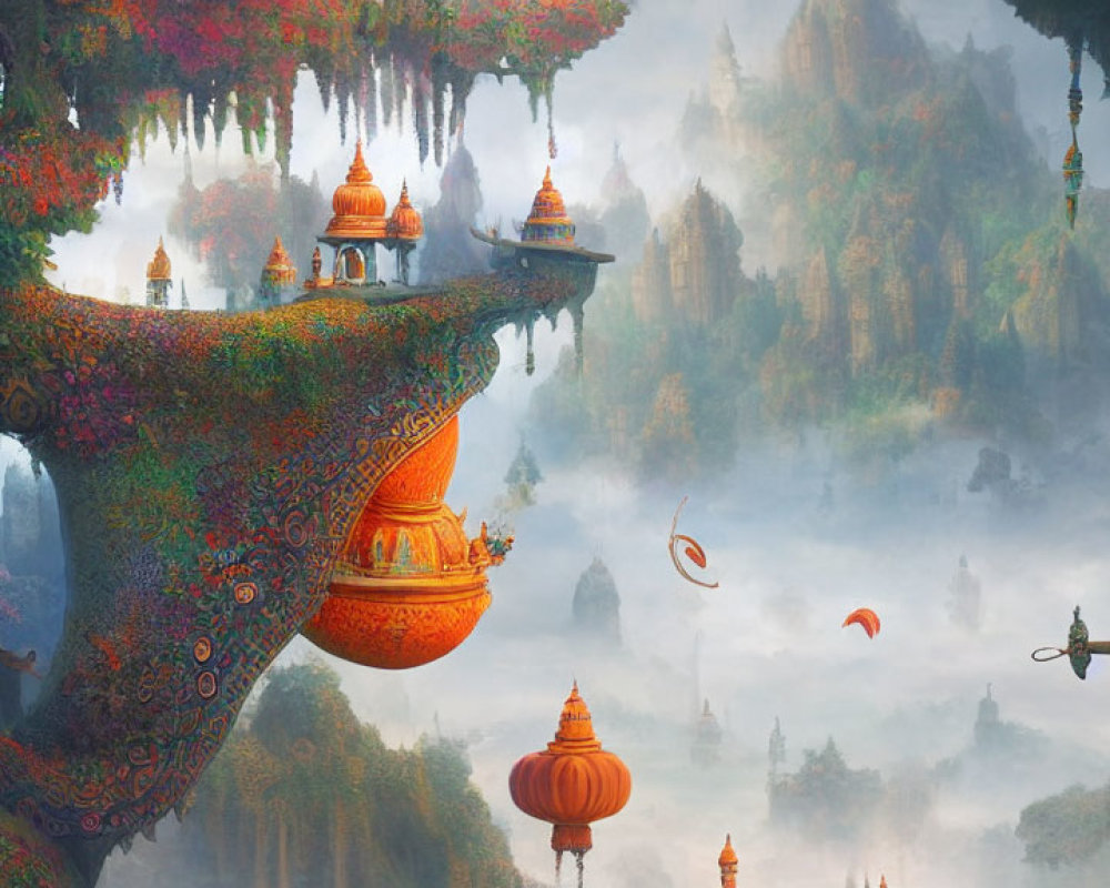 Colorful floating islands, temples, and hot air balloons in fantastical landscape