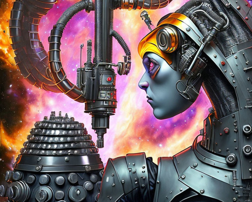 Detailed futuristic robotic woman with cosmic background and Dalek.