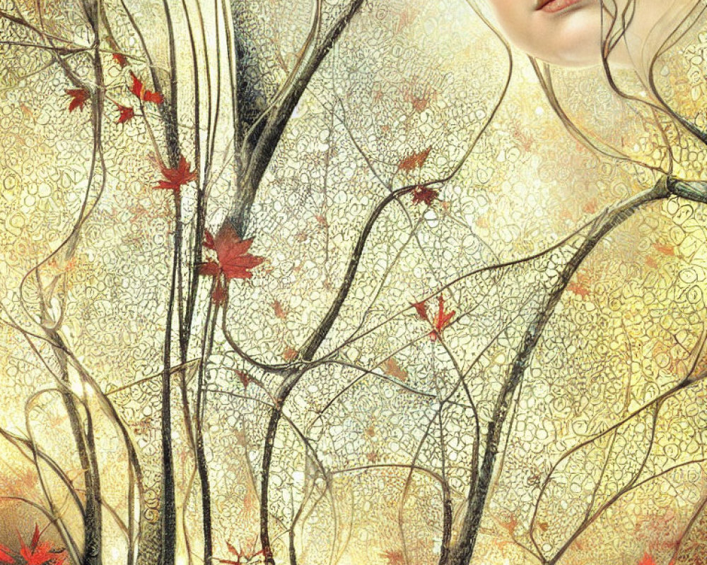 Woman's Face Partially Concealed by Autumn Branches on Golden Background