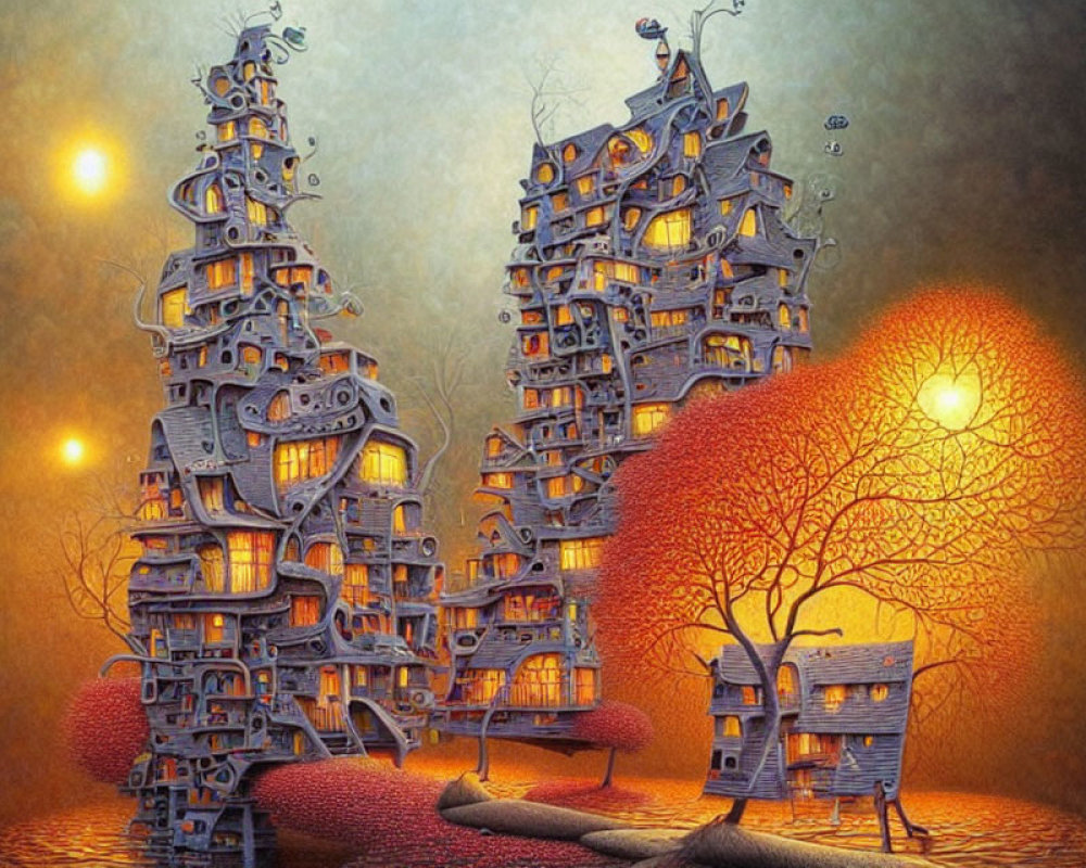 Whimsical surreal artwork: towering houses, glowing lights, autumnal landscape