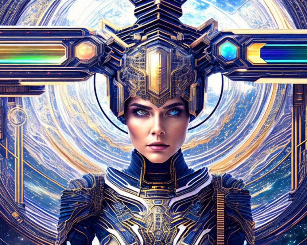 Futuristic female figure in sci-fi helmet and armor against cosmic backdrop