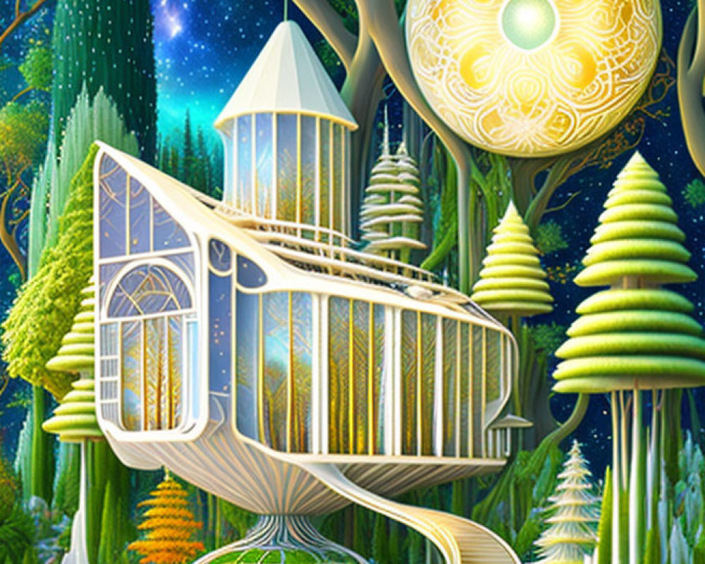 Fantasy illustration of whimsical treehouse in alien forest