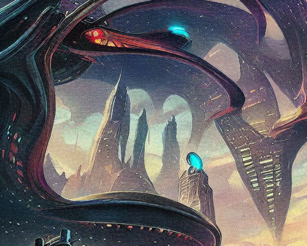 Futuristic cityscape with swirling architecture and flying vehicles