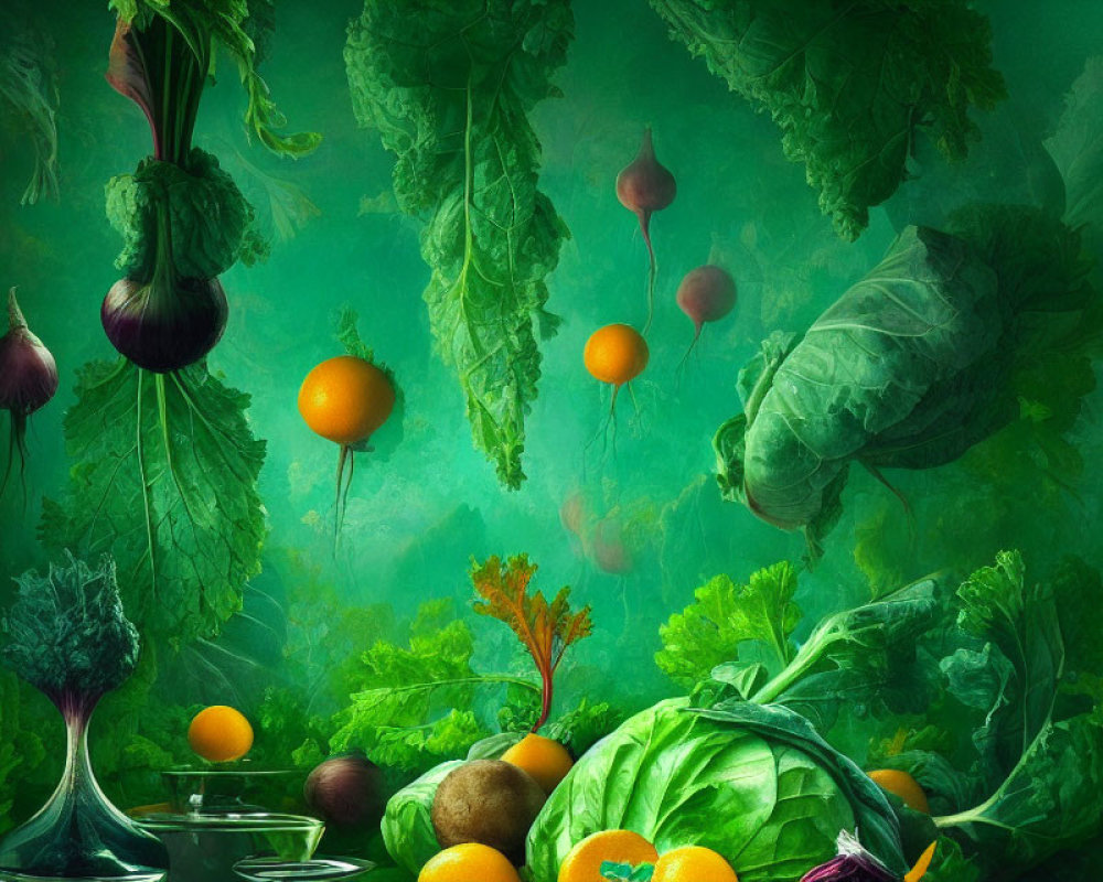 Vibrant vegetable composition on emerald green backdrop