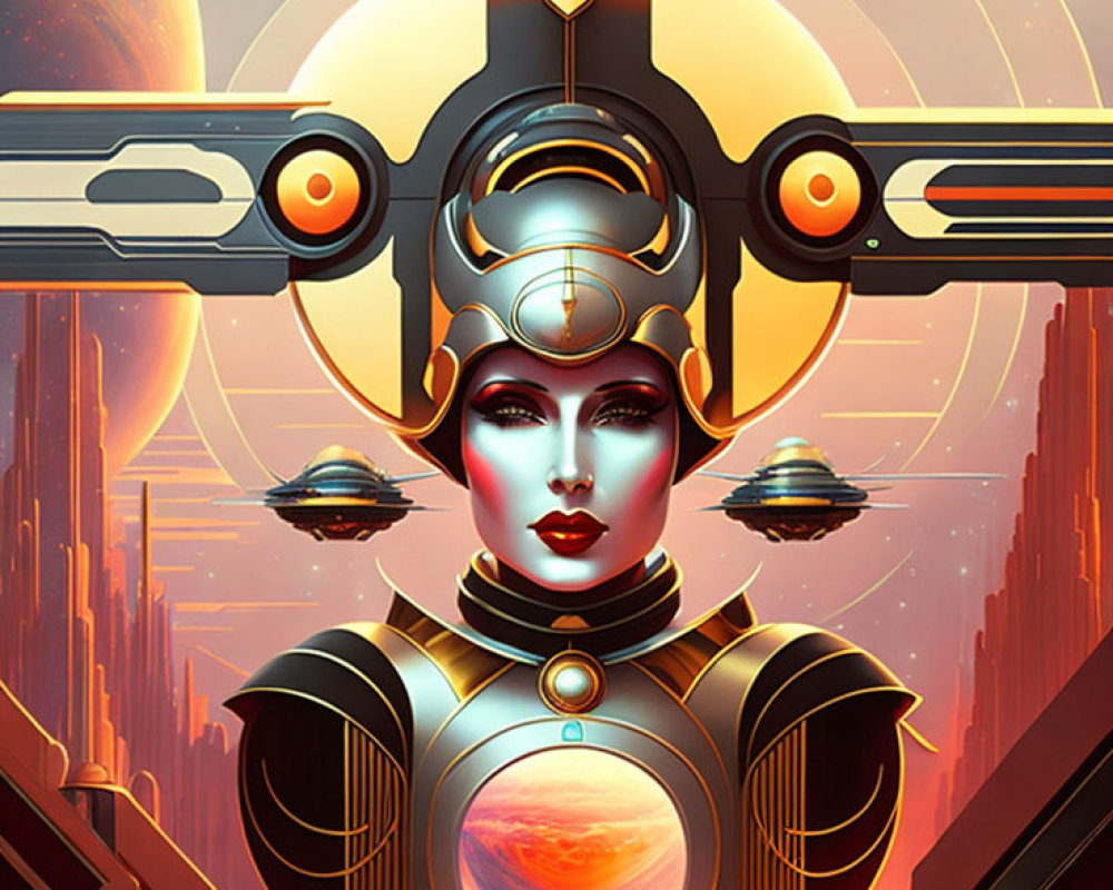 Futuristic female android with ornate headgear in sci-fi cityscape