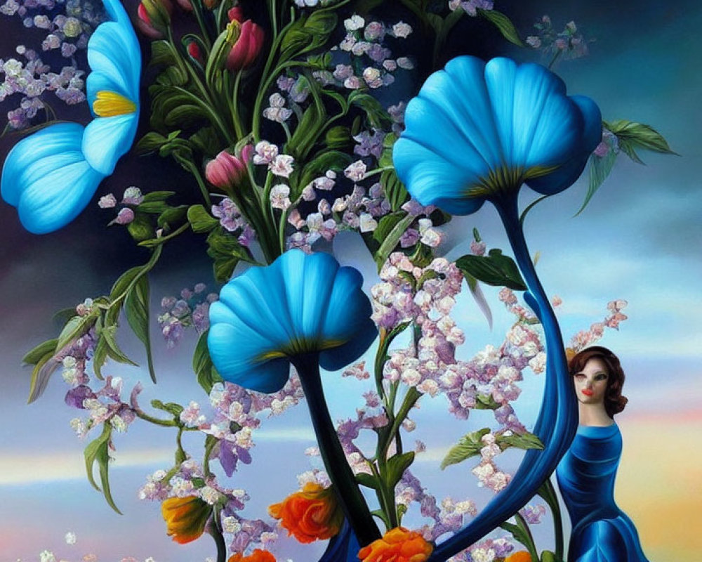 Surreal image: Oversized blue flowers with integrated woman against cloudy sky