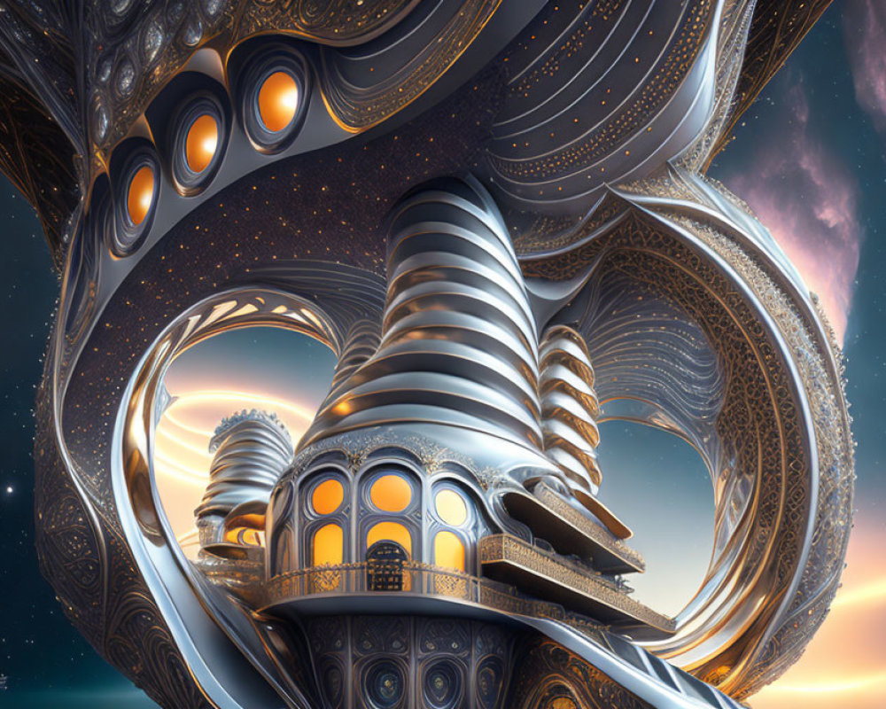 Surreal fractal image of futuristic structures on cosmic backdrop