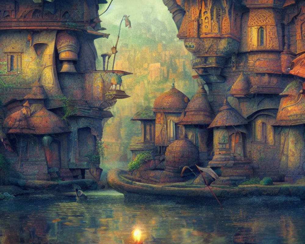 Fantastical village with ornate buildings by serene river