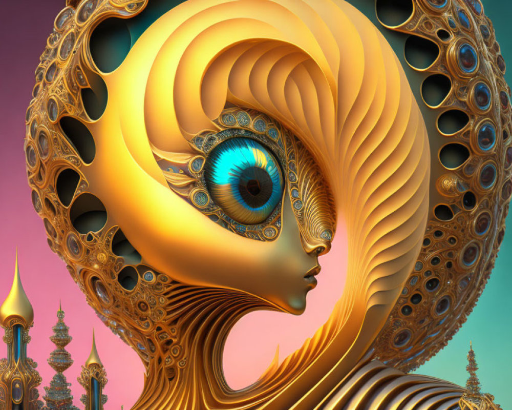 Surreal digital artwork of stylized figure with golden headpiece and central eye