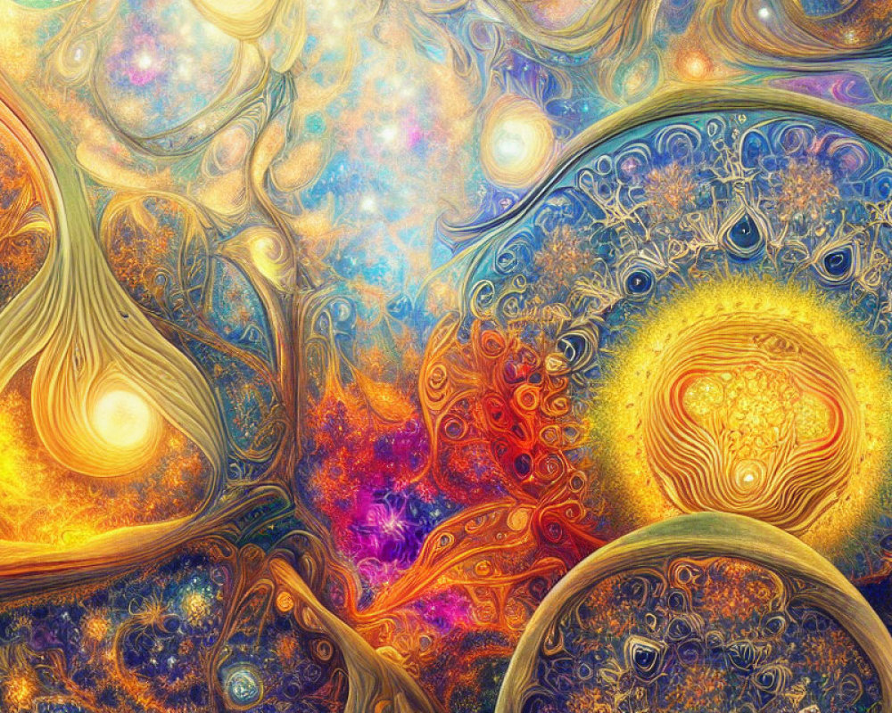 Colorful Fractal Image with Swirling Patterns in Gold, Orange, and Blues