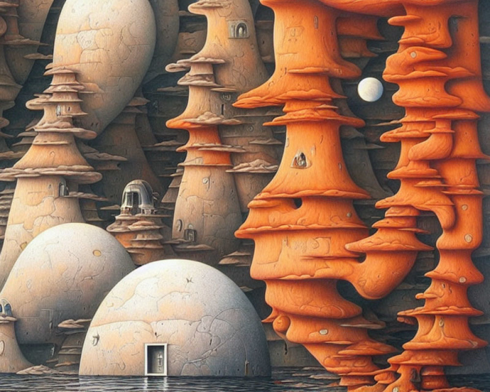 Fantastical landscape with orange mushroom-like structures and spherical buildings under a pale sky