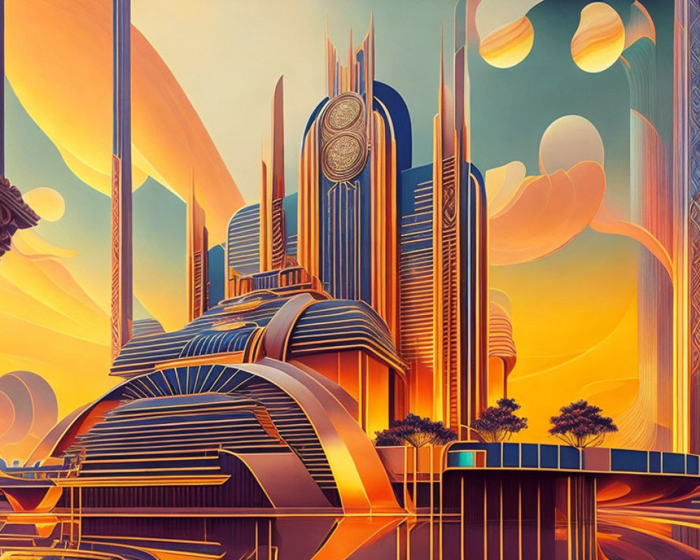 Stylized futuristic cityscape under orange sky: retro sci-fi aesthetic