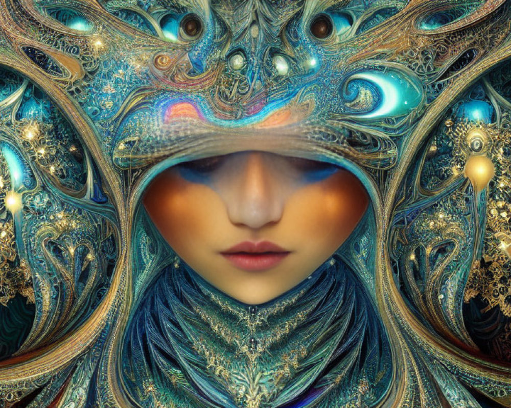 Intricate, ornate headdress with swirling patterns and glowing lights on a woman's serene face