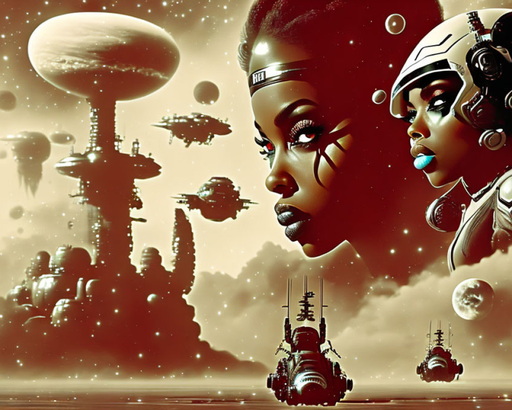 Stylized female figures with futuristic headgear in sci-fi setting.