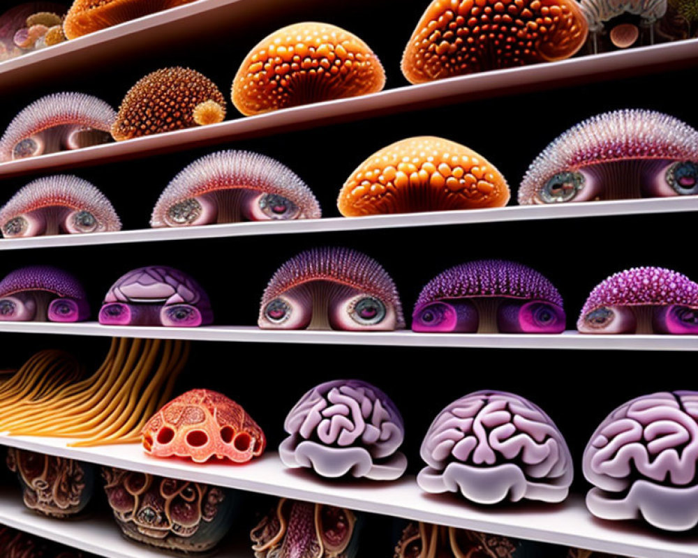 Surreal digital artwork of shelves with eyes, brains, and shells