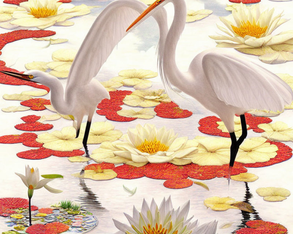 White egrets among blooming water lilies in tranquil setting