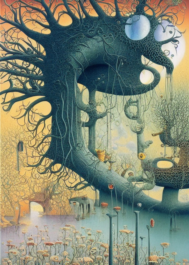 Whimsical tree illustration with spherical structures, ladders, cat, and orange backdrop.