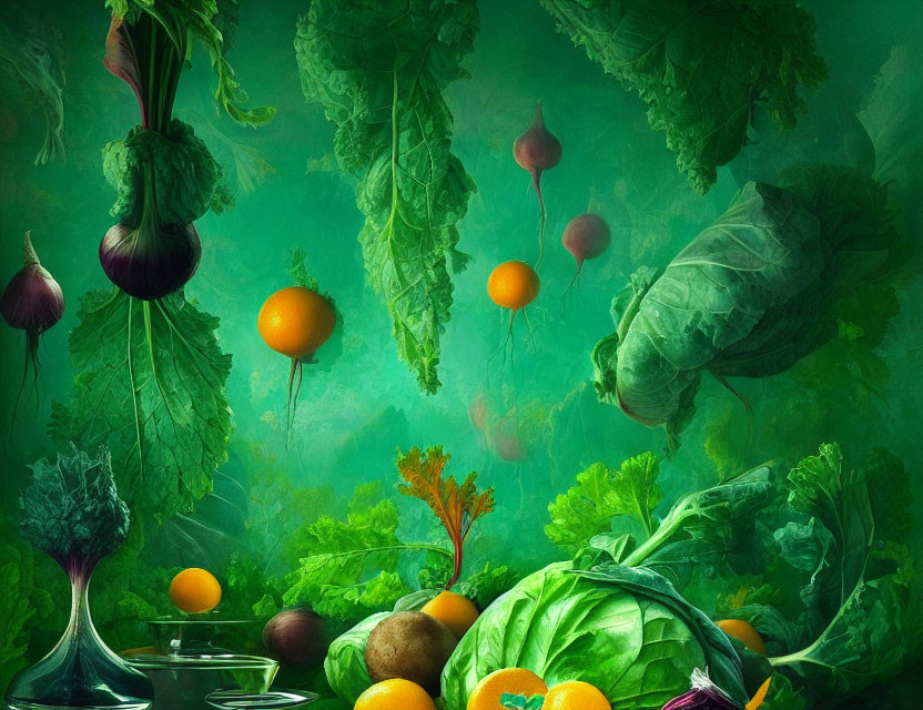 Vibrant vegetable composition on emerald green backdrop