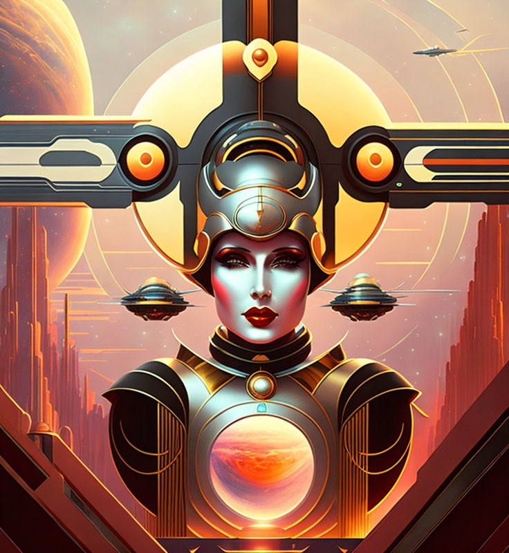 Futuristic female android with ornate headgear in sci-fi cityscape