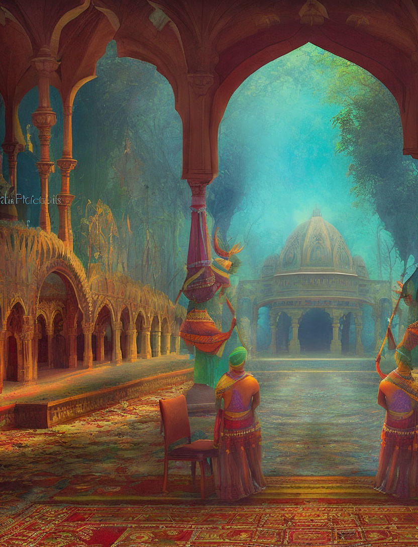 Colorful ornate interior with arched corridors and guards in traditional attire amid mystical blue haze