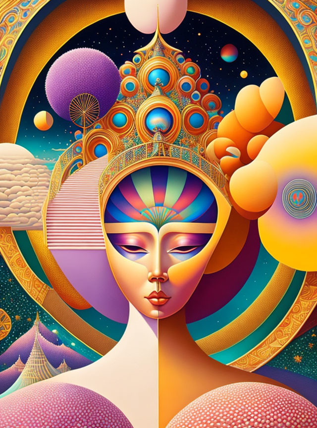 Colorful Stylized Face Illustration with Cosmic and Surreal Elements