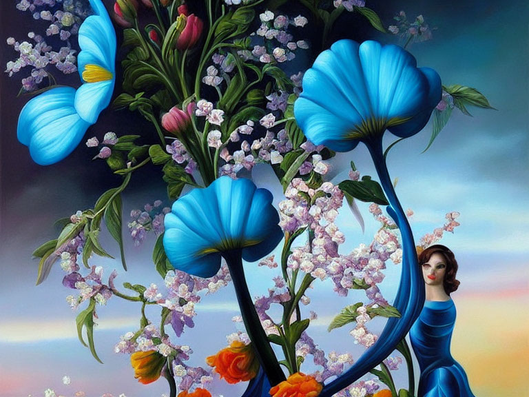 Surreal image: Oversized blue flowers with integrated woman against cloudy sky