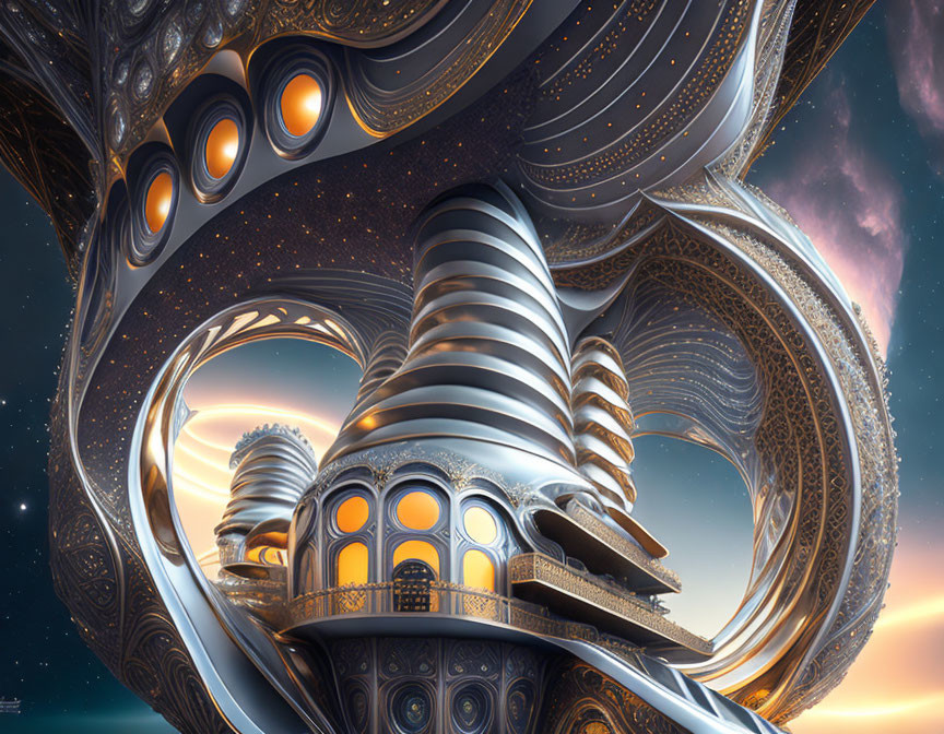 Surreal fractal image of futuristic structures on cosmic backdrop