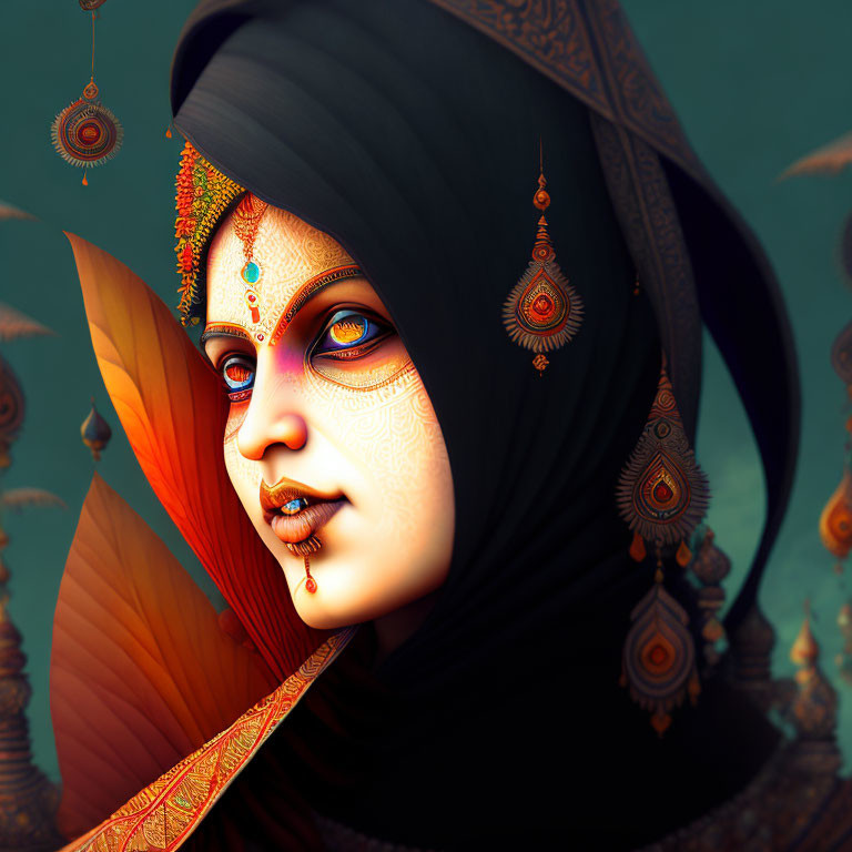 Portrait of woman with blue eyes, black headscarf, henna patterns, and ornate jewelry