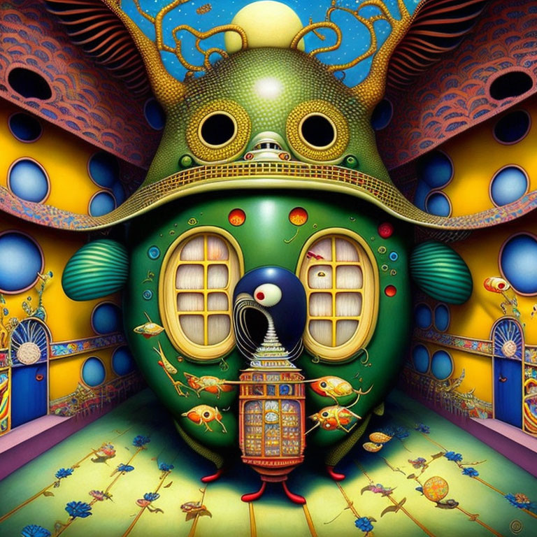 Colorful surreal artwork featuring fantastical creature and architectural elements