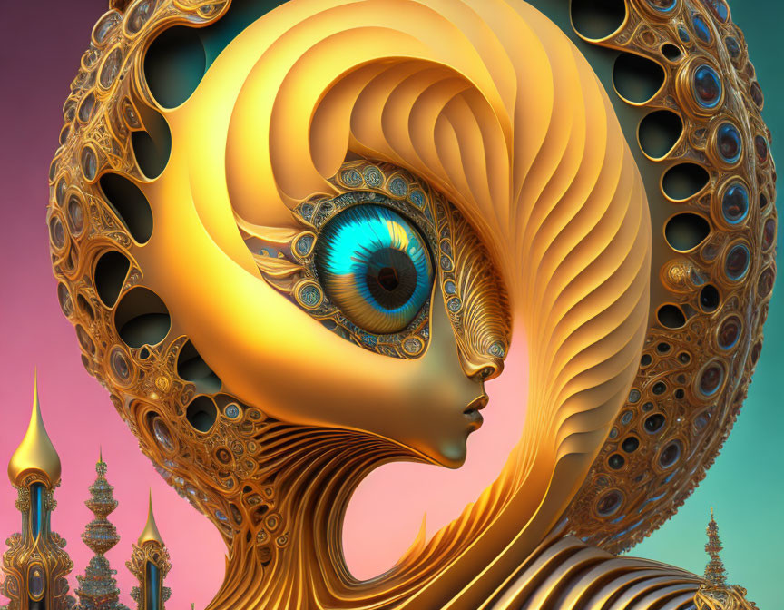 Surreal digital artwork of stylized figure with golden headpiece and central eye