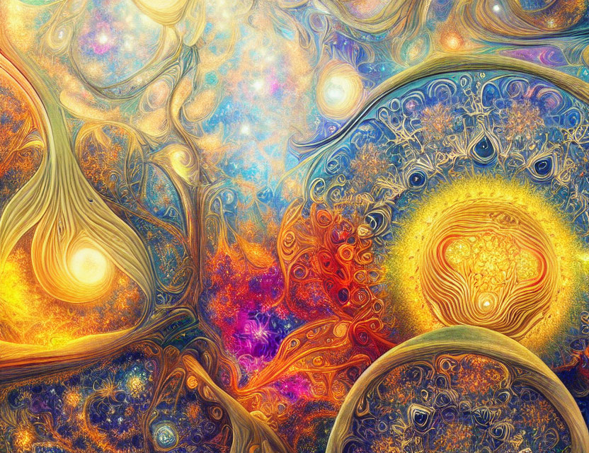 Colorful Fractal Image with Swirling Patterns in Gold, Orange, and Blues