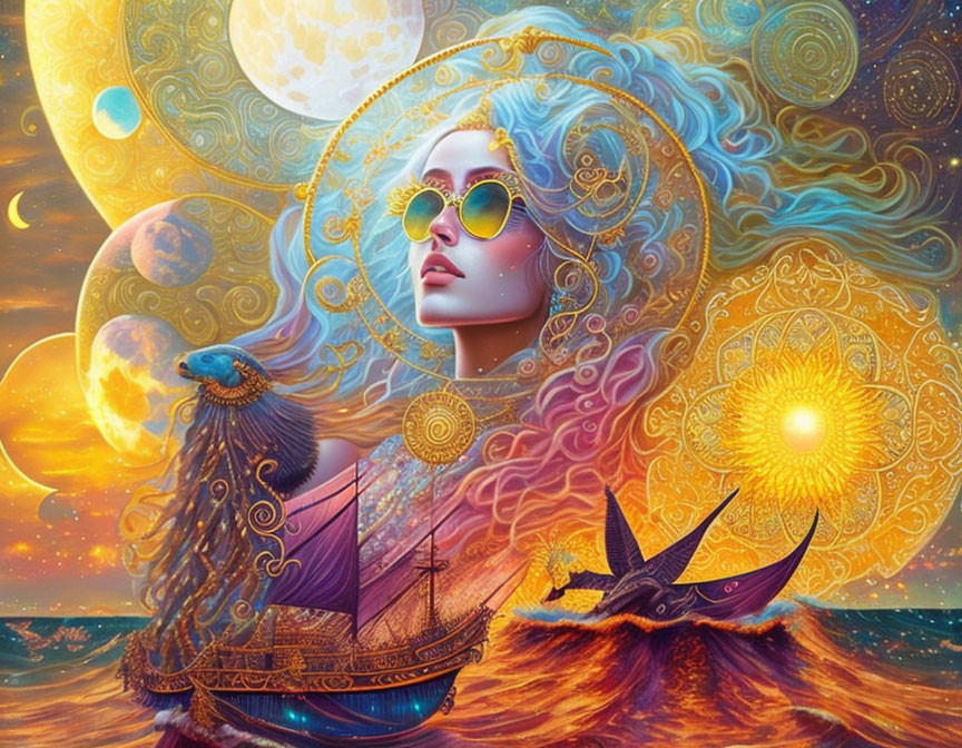 Vibrant illustration of woman in sunglasses with celestial motifs on cosmic backdrop.