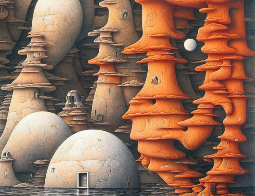 Fantastical landscape with orange mushroom-like structures and spherical buildings under a pale sky