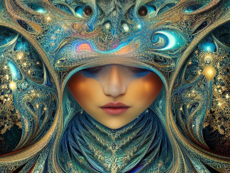 Intricate, ornate headdress with swirling patterns and glowing lights on a woman's serene face