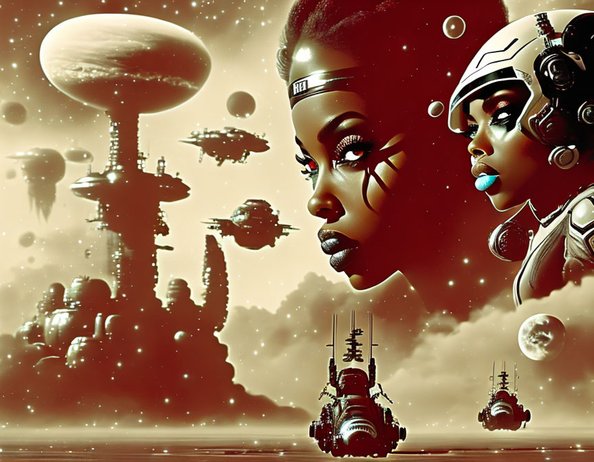 Stylized female figures with futuristic headgear in sci-fi setting.