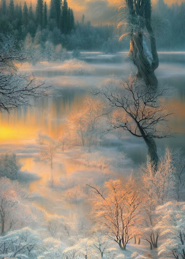 Frost-covered trees and golden sunrise over tranquil river in snowy landscape