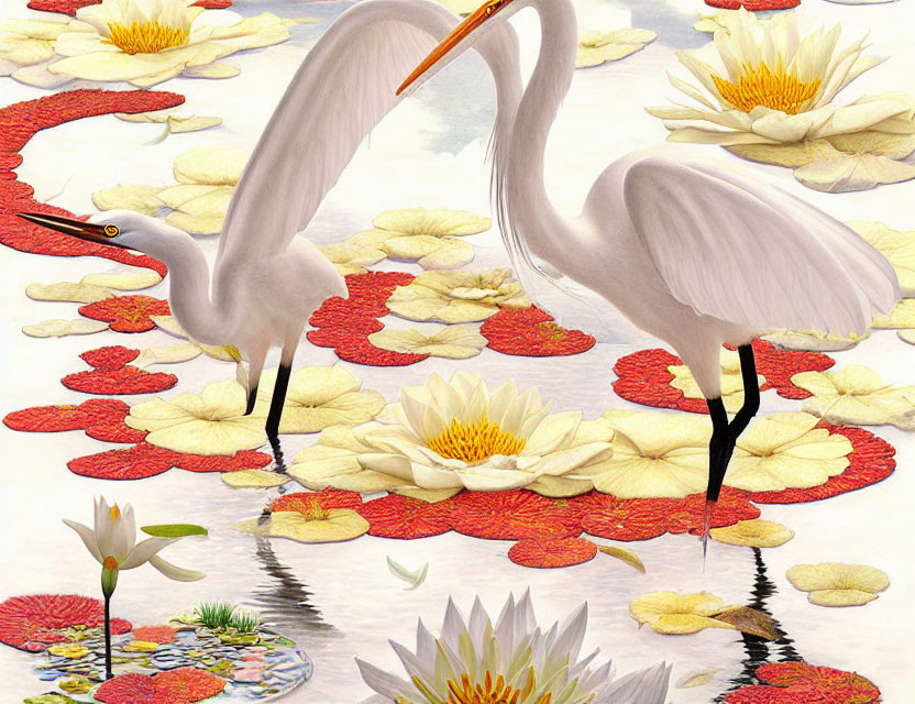 White egrets among blooming water lilies in tranquil setting