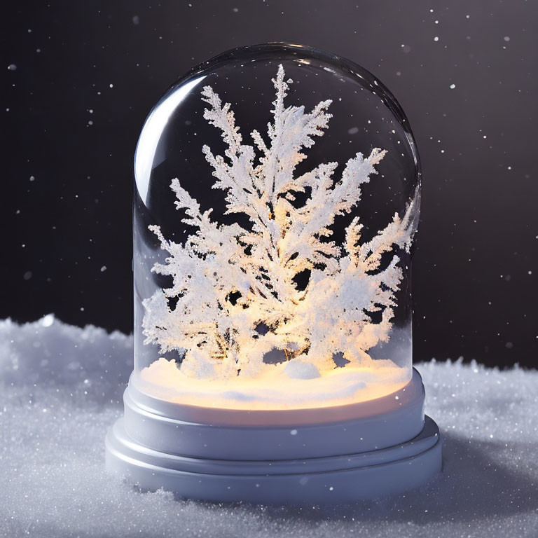 Snow globe with illuminated white tree on dark backdrop